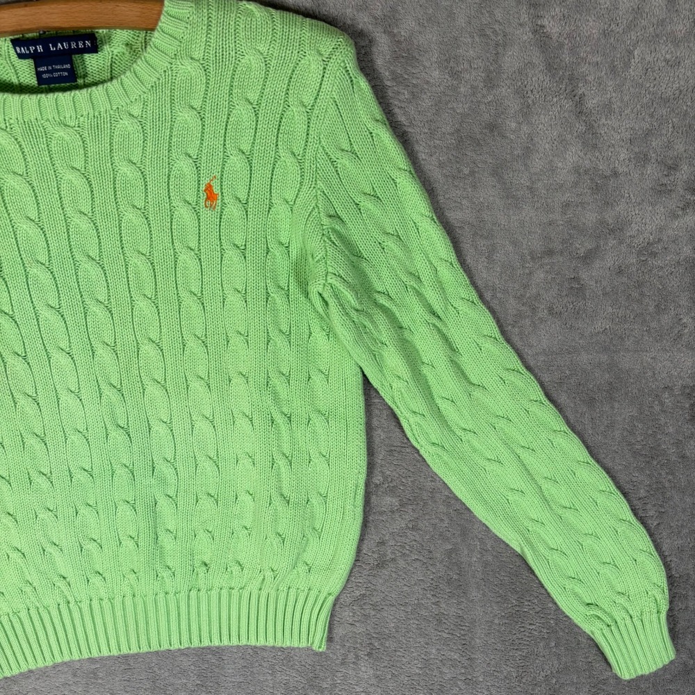 Ralph Lauren Womens Lime Green Cable Knit Cotton Crew Neck Sweater Size M Preppy - Picture 6 of 13